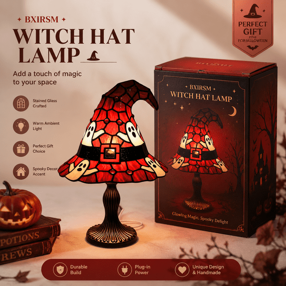 Witch Hat Lamp with Stained Glass Effect, Halloween Decor Indoor LED Night Light, Gothic Wizard Hat Table Lamp for Shelf Mantel, Witchcore Room Decor