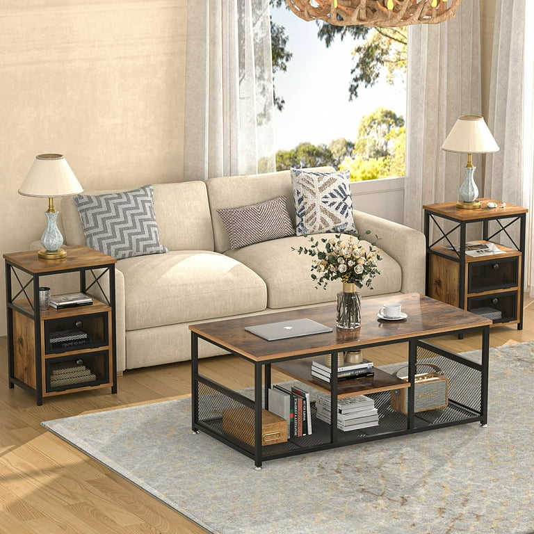 VECELO 3-Piece Living Room Coffee Table Set, Metal Frame with Two