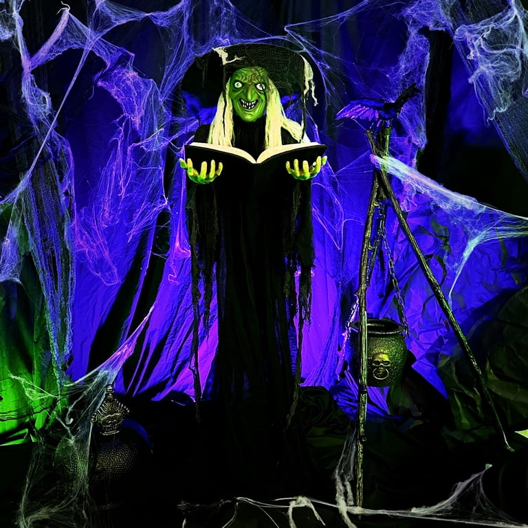 Haunted Hill Farm 5.5 ft Poseable Witch with Spell Book, Lights