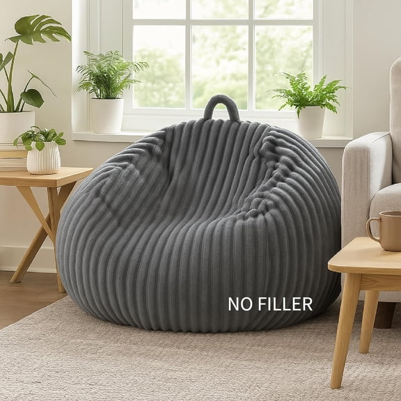 YANTONG Ribbed Rabbit Fur Stuffed Animal Storage Bean Bag Chair Cover (No Filler) Comfy Bean Bag Cover Without Filling or Home Bedroom Decor Organizing Plush Doll Textile Holder(Dark Gray,L)