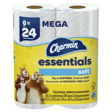 Charmin Essentials Soft Toilet Aif4 Paper 6 Mega Rolls, 330 Sheets Per Roll