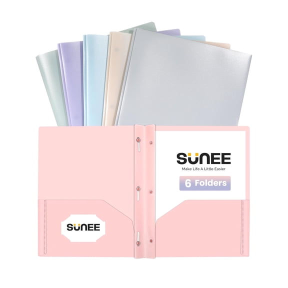 SUNEE 3-Prong Plastic Folders with Pockets 6 Color Heavy Duty Two Pocket Folder Business Card Holder for Work Home (Pastel Colors)