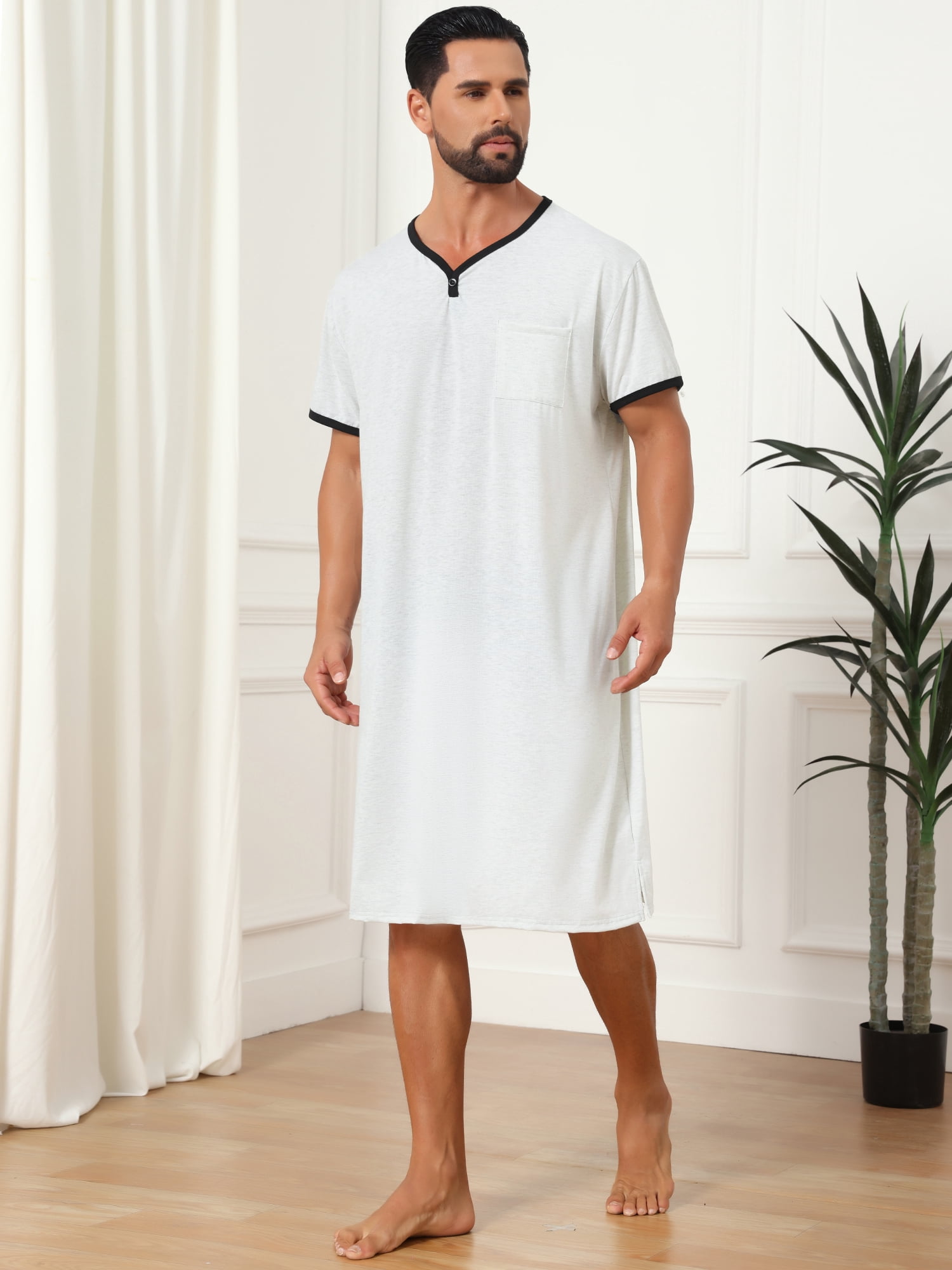 DARING DIVA Men's V-Neck Colorblock Trim Short Sleeve Chest Pocket Pajama S Light Gray
