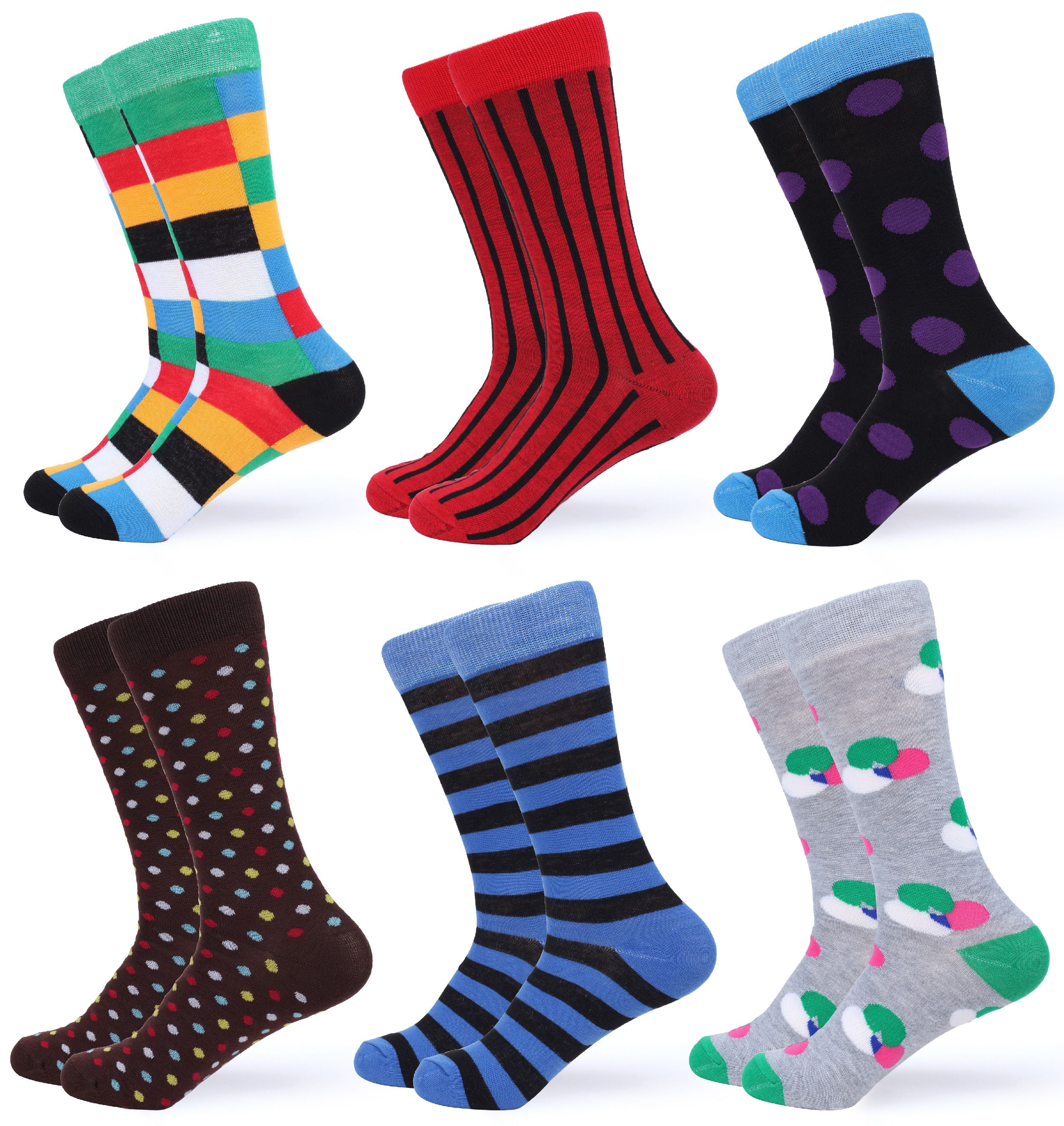 6 Pack Cool Bright Casual Fun Cotton Novelty Crew Socks Bleu Nero Mens Colorful Dress Socks for Men 