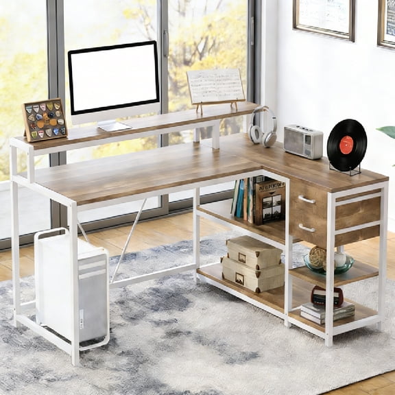L Shaped Desk with Drawers and Monitor Stand, L Corner Desk with Storage Shelves, Beige Wooden PC Table for Samll Home Office