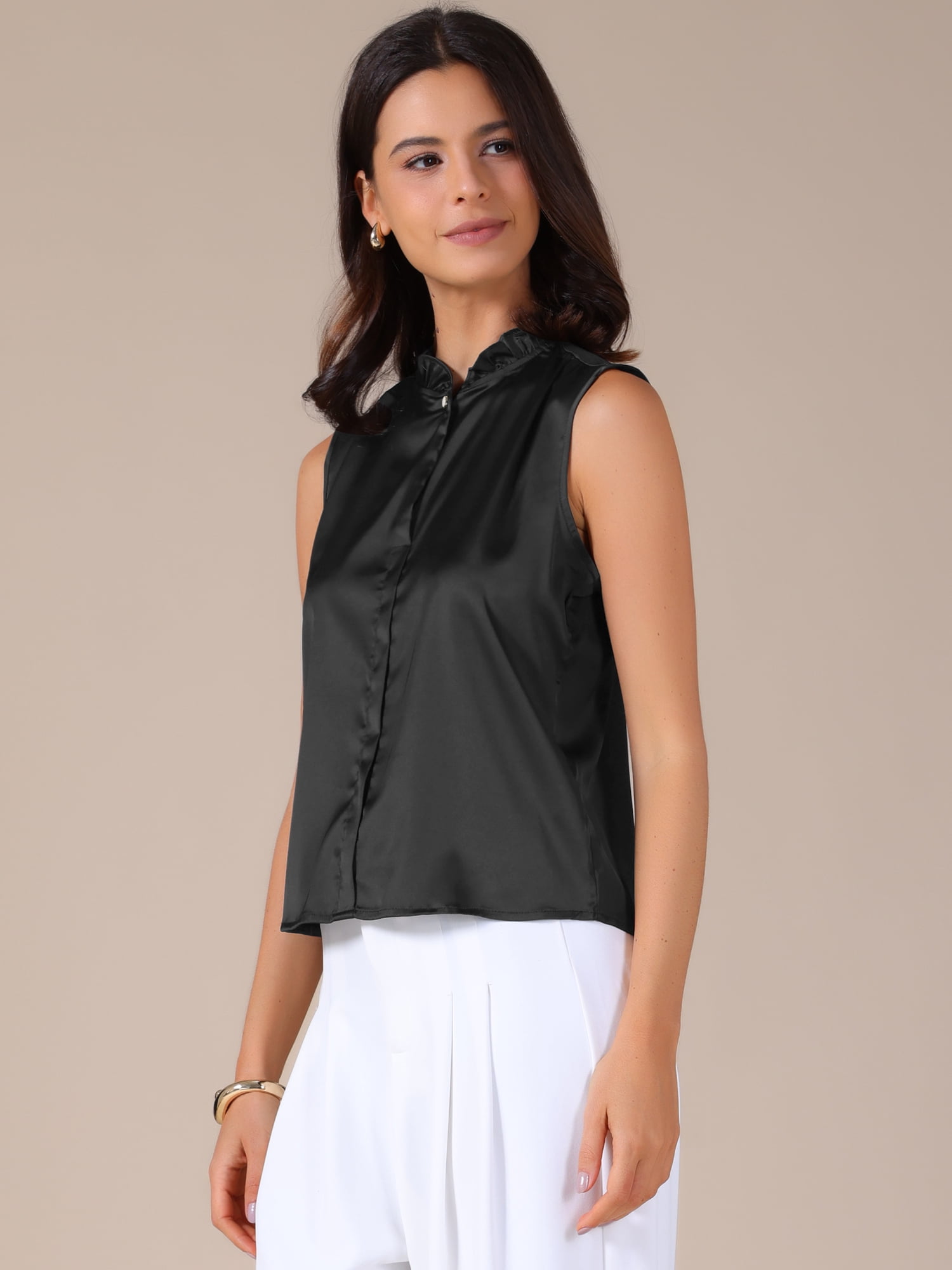 DARING DIVA Women's Satin Elegant Sleeveless One Button Office Blouse L Black