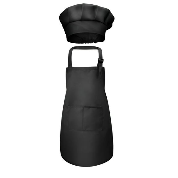 AUQ Children Chef Front Pocket Bib Apron Kid Girls Boys Kitchen Craft Child Painting Cooking Pinafore Black 7-13 T