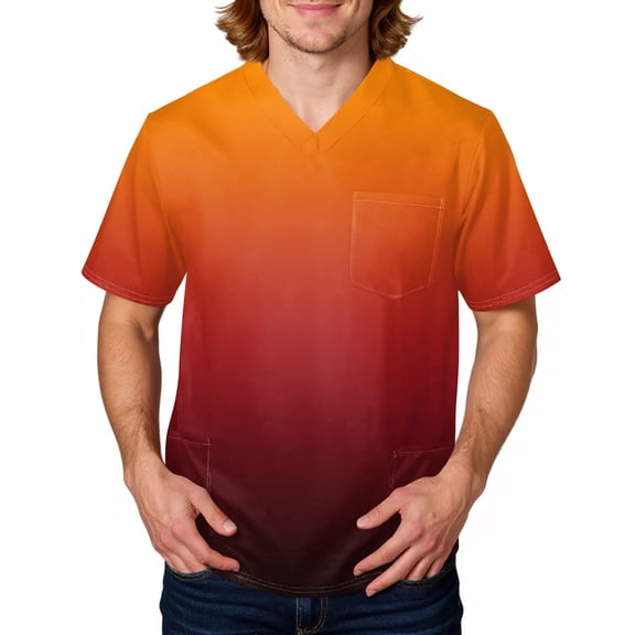 Domuza Mens Scrubs Top Tie-Dye Gradient Short Sleeve V Neck Carer Uniform Big and Tall Soft Comfy Medical Workwear with 3 Pockets Saffron XL