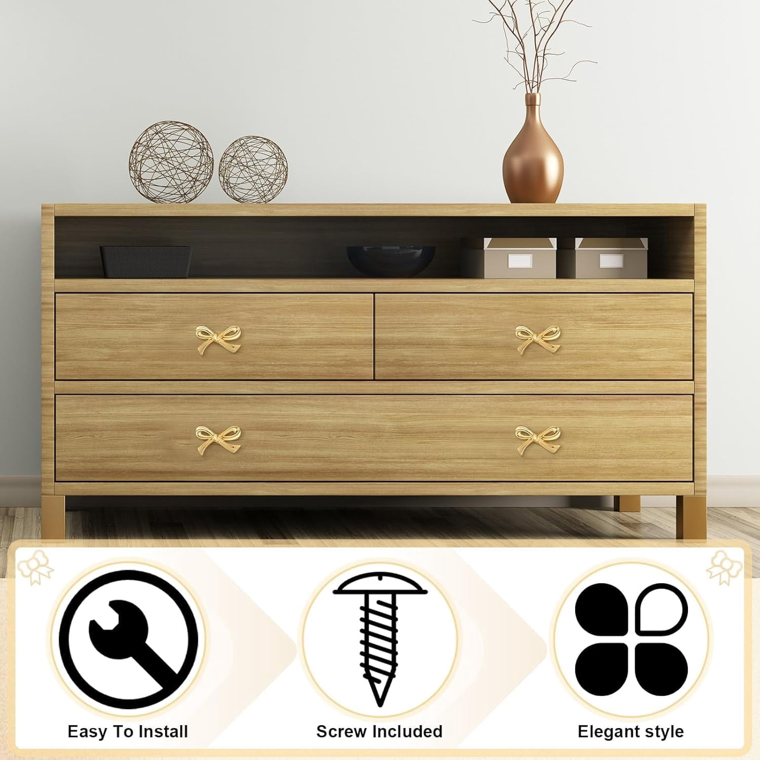 CATPAN‘s Brass Bow Shape Cabinet Knobs, Gold Drawer Pulls, Decorative Bow Knobs, 6 Pack