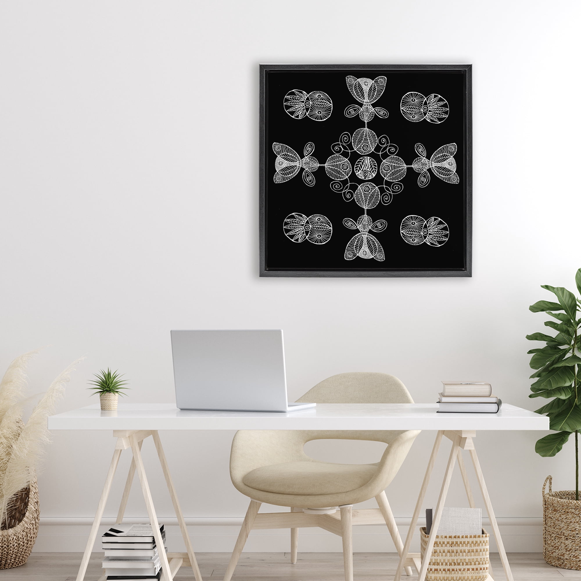 Stupell Industries Black & White Elemental Fractals Black Framed Floater Canvas Wall Art, design by El Perkin