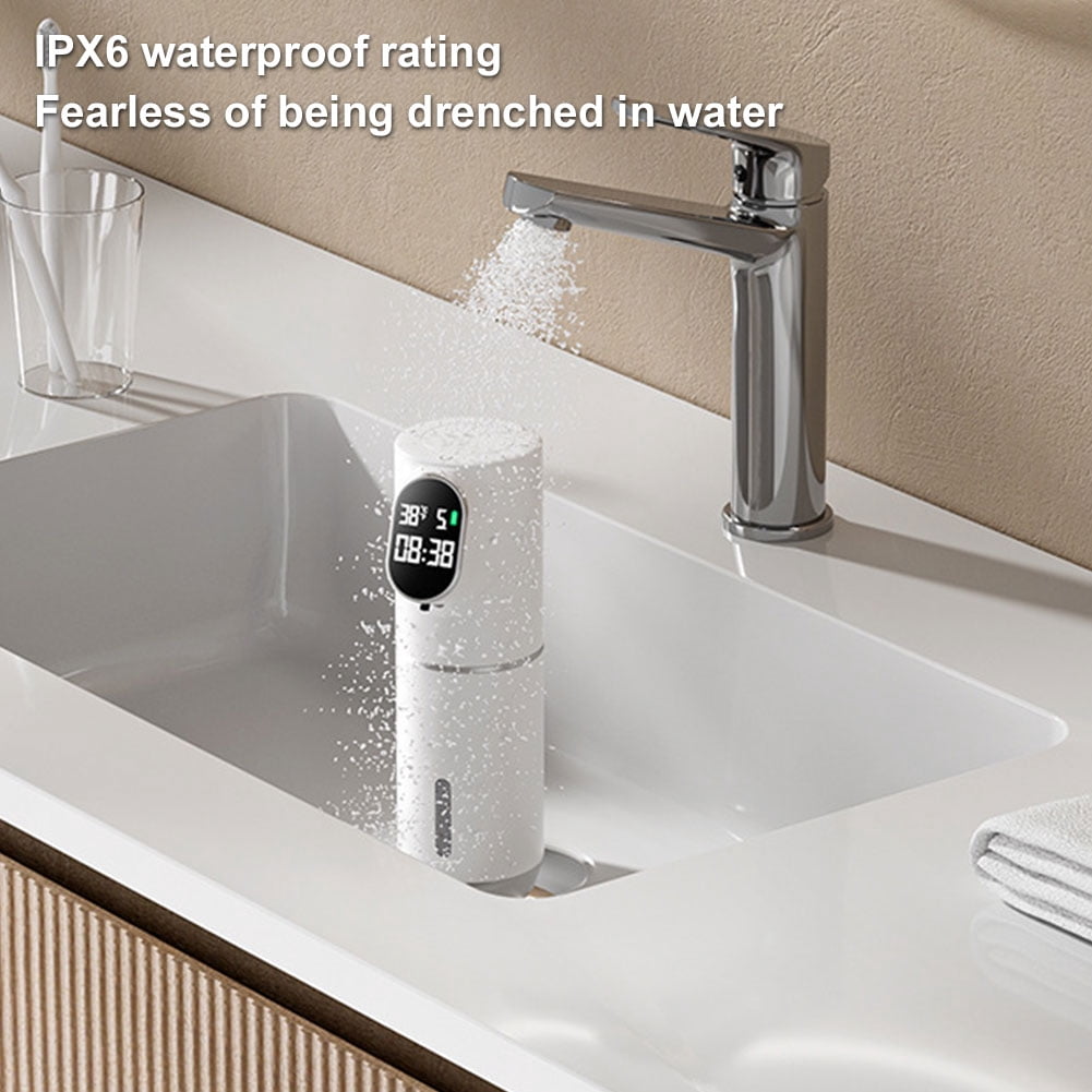 CARRFA Automatic LED 320ml Liquid Foam Soap Dispenser 5 Adjustable Levels Hand Sanitizer Machine Time Temperature Display Can Wall Mount for Bathroom Kitchen (White)