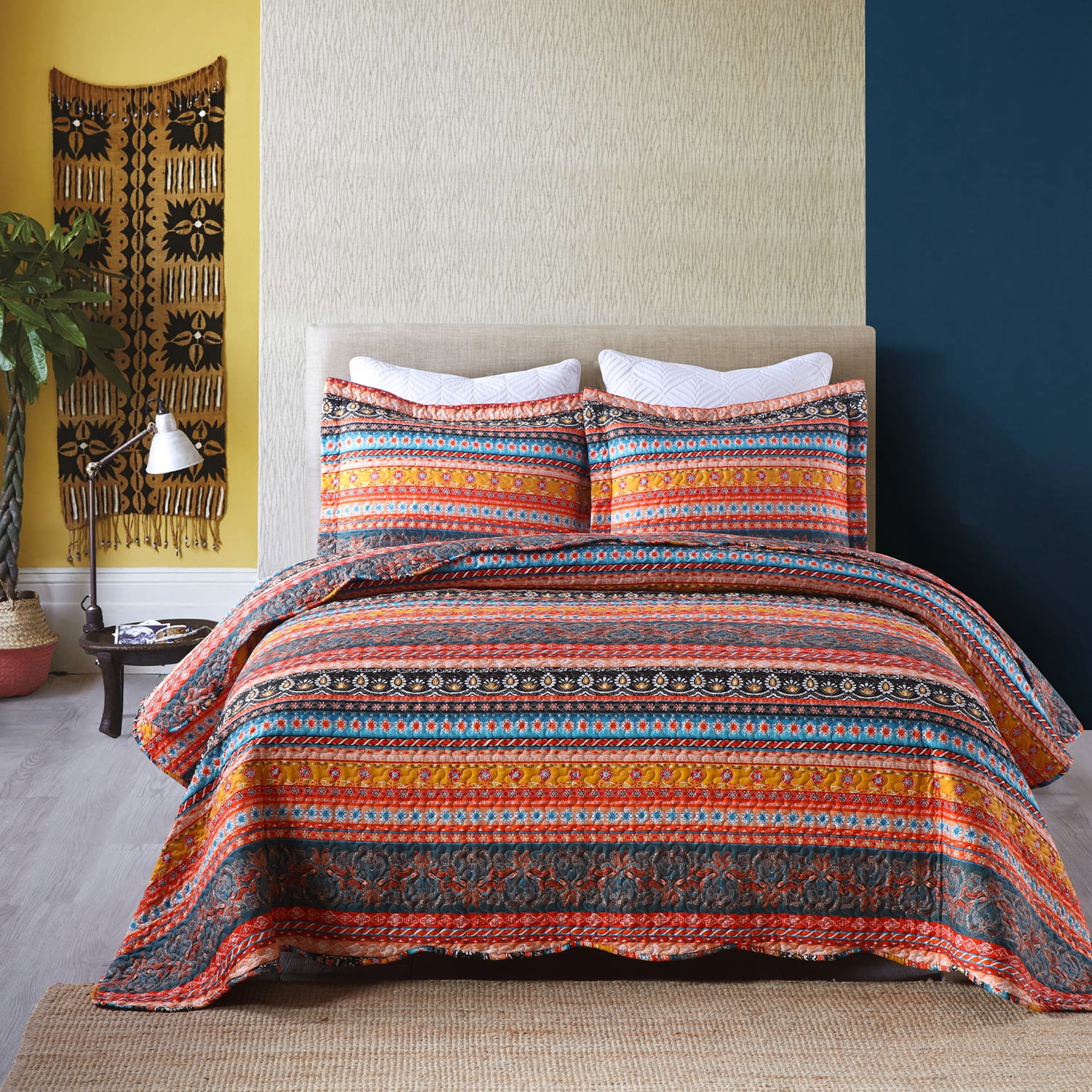 MarCielo 3 Piece Bohemian Quilt Bedspread Set Orange King