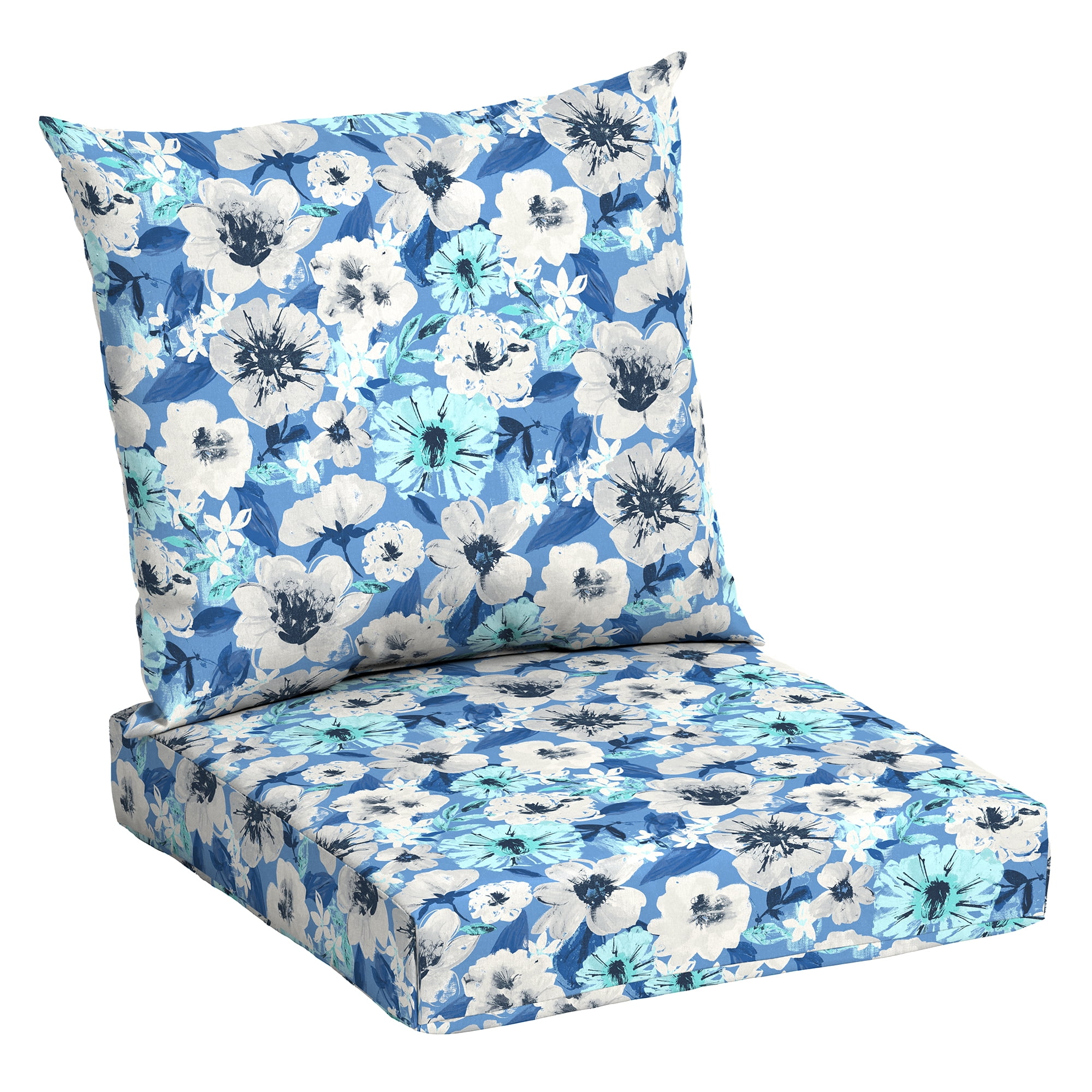 (2 pack) Mainstays 45" L x 22.75" W Blue Floral Rectangle Outdoor 2 Piece Deep Seat Cushion