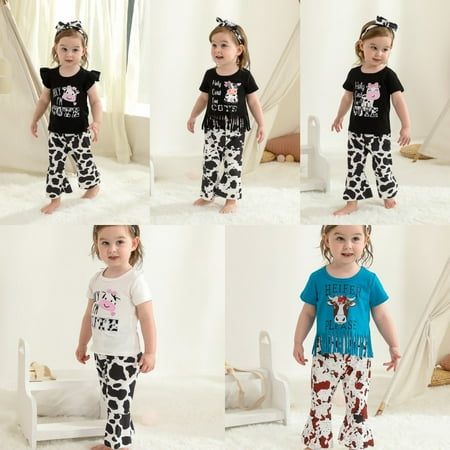 

Uccdo 3Pcs Toddler Baby Girls Summer Clothes Infants Cute Print T-shirt Top+Flare Lone Pants+Headband Outfits Set 6M-3T