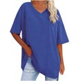 thumbnail image 2 of USSUMA Women's Casual V-Neck Half Sleeve Solid Loose Shirt Blouse Tops Hottest Blue S, 2 of 9