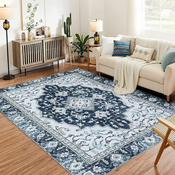 Geetinfly 9*12FT Area Rugs Washable Vintage Floral Area Rug 9*12- Non-Slip Print Non-Shedding SoFT Area Rugs Foldable Carpets for Dining Room Bedroom Living Room Kitchen Entryway Blue Blue tint