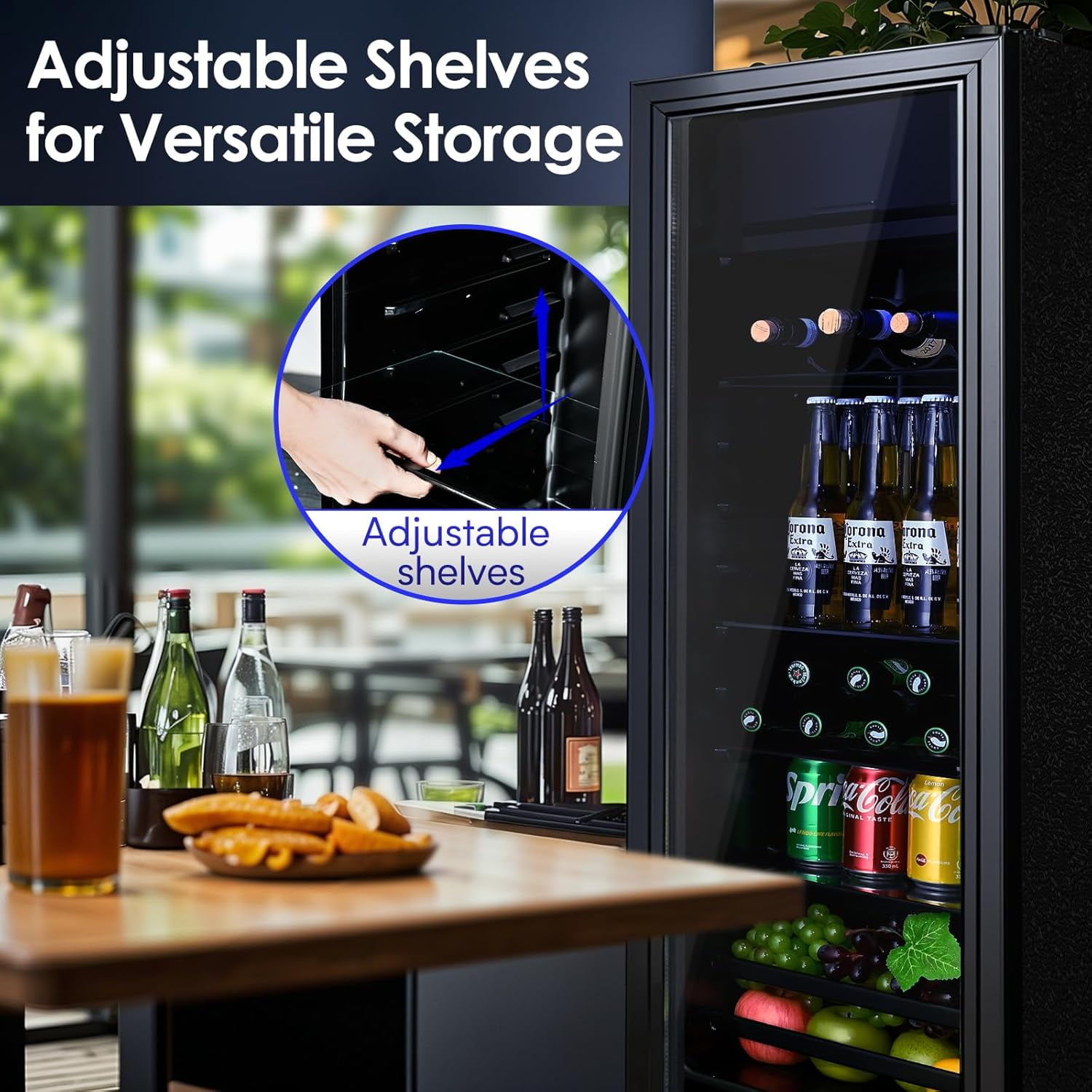 GGTB 4.5 Cu.ft Beverage Refrigerator with Glass Door, Mini Fridge with Freezer Compartment, 7 Temperature Settings, Adjustable Shelves for Soda Beer Wine, for Home Office Bar, Black