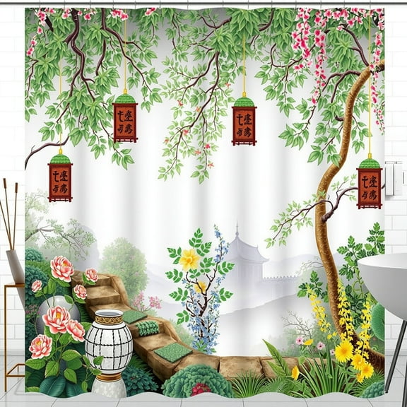 Serene Asian Garden Shower Curtain - Vibrant Floral Design with Pagoda & Lanterns Tranquil Bathroom Decor