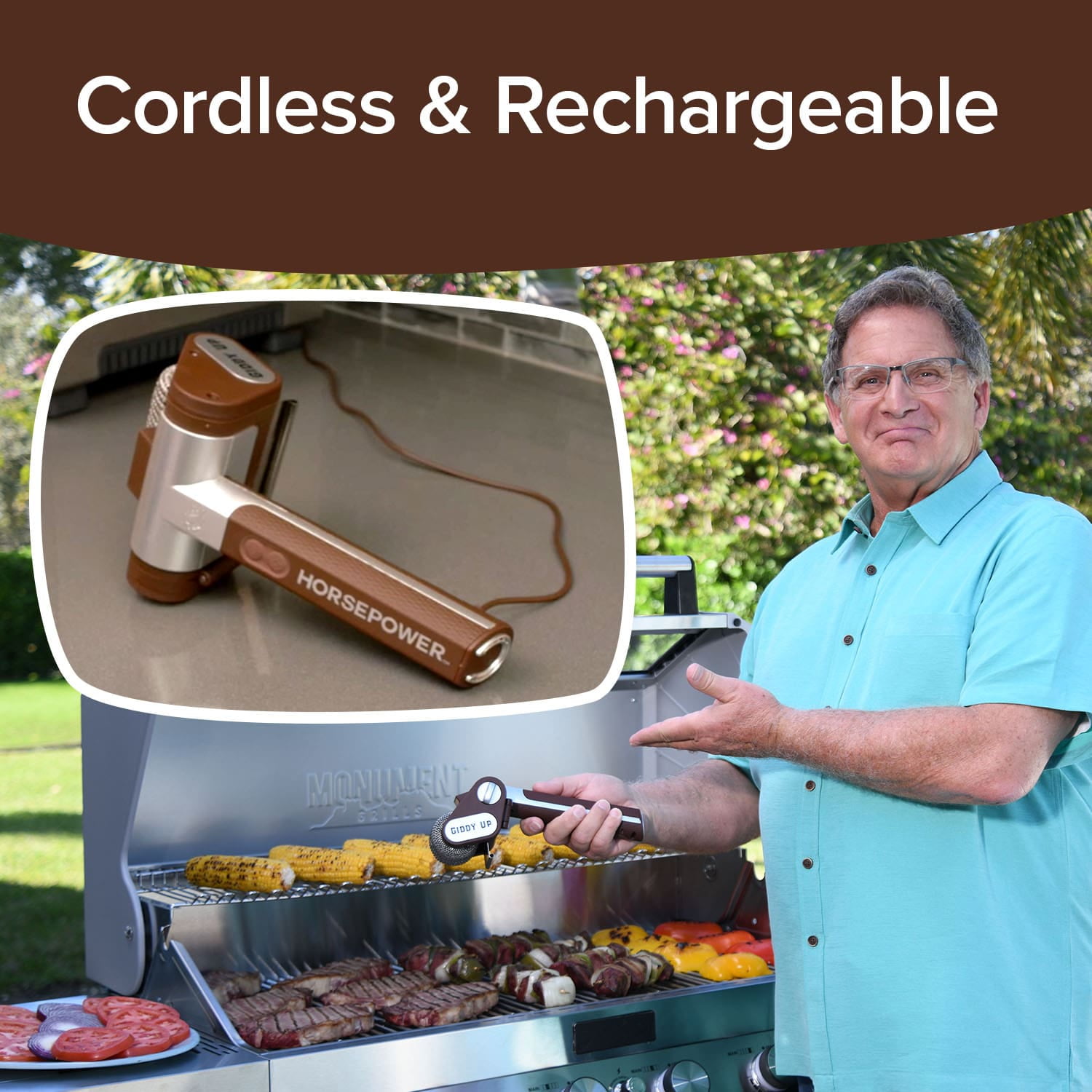 HorsePower Giddy Up Grill Cleaner AS SEEN ON TV! – Cordless, Rechargeable BBQ Tool with 350 RPM Stainless Roller, LED Light – Patents Pending – From BulbHead, a Family-Owned American Brand