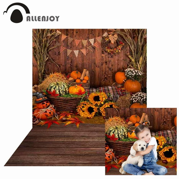 Allenjoy Photography Fall Backdrops Autumn Pumpkin Barn Maple Leaves Straw Wood Wall Floor Wreath Baby Background Photoph