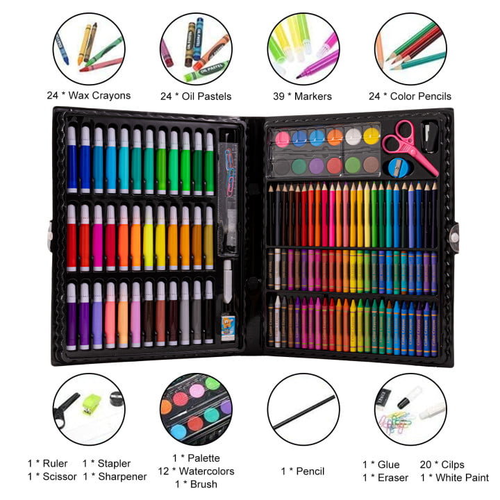 Art Supplies, 215-Piece Art Set Crafts Drawing Kit with Trifold Easel,  Includes Preprinted Paper, Oil Pastels, Crayons, Colored Pencils, Smock &  More