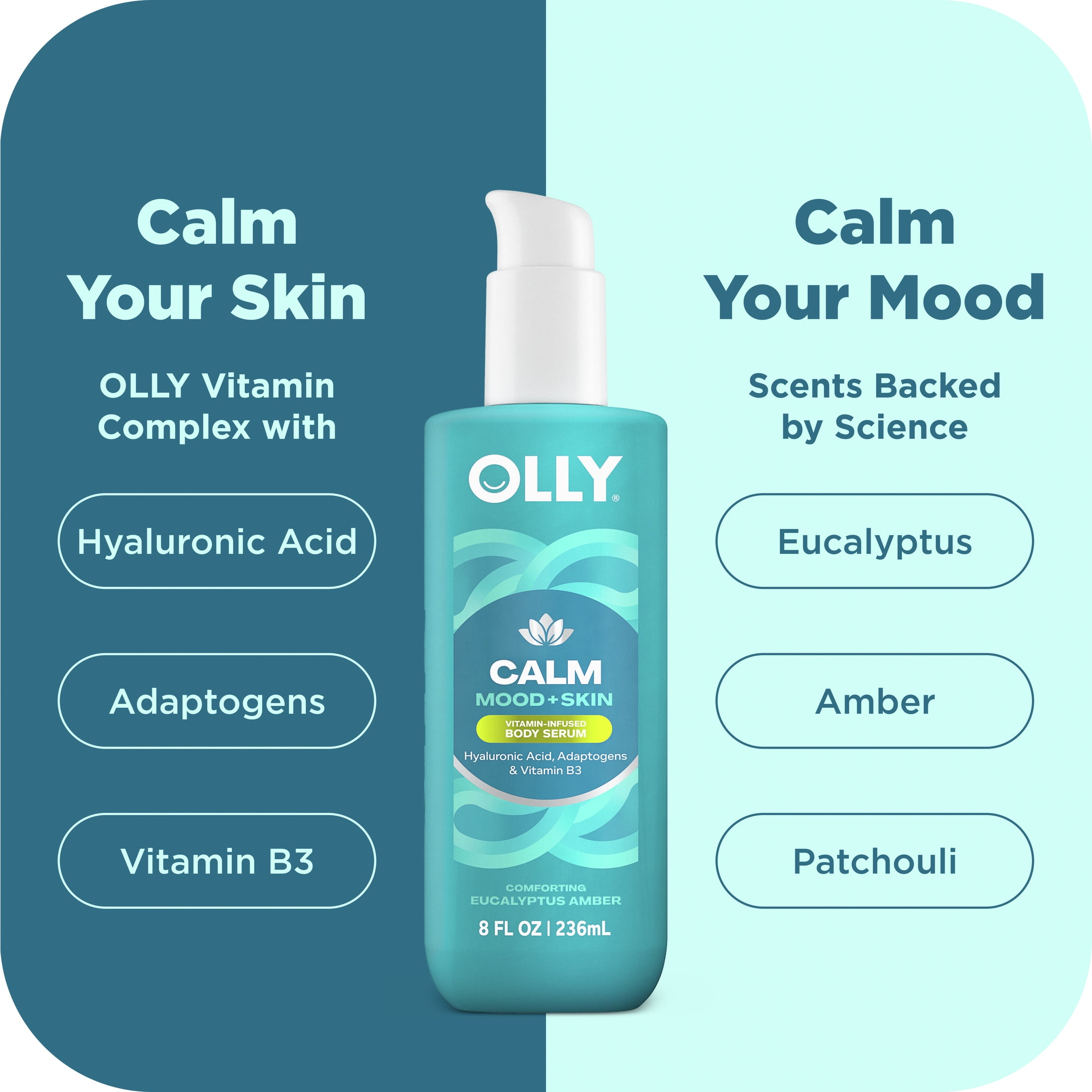 OLLY Calm Body Serum Lotion Repairs Skin Barrier & Soothe Stress Eucalyptus Amber, 8 oz