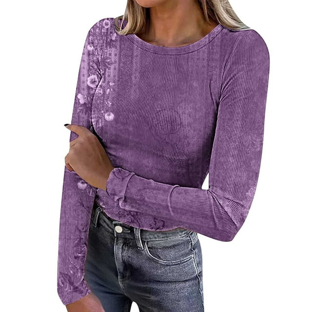 Women's Long Sleeve Tops, Ribbed Knit Round Neck Blouse, Casual Basic Shirt for Everyday Wear
