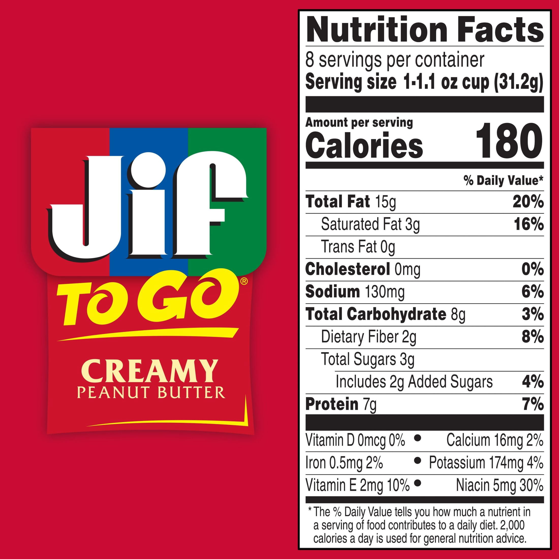 Jif To Go Creamy Peanut Butter, 8 Cups, 1.1 oz Each
