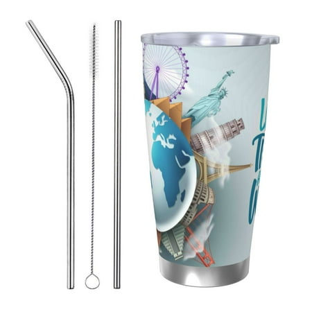 

KLL Let s go Travel Print 40oz Stainless Steel Insulated Car Cup with Spillproof Lid - Keep Your Drink Hot or Cold on the Go-Straw Three-piece Set