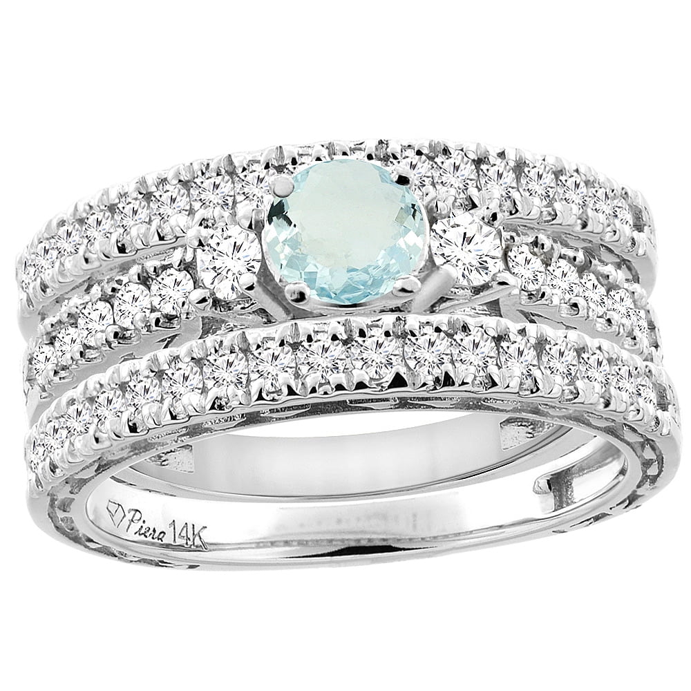 14K White Gold Diamond Natural Aquamarine Engagement 3-pc Ring Set Engraved Round 6 mm, size 5 by Gabriella Gold