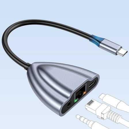 EBXYA USB C Hub 3-in-1 Adapter with Gigabit Ethernet, 60W PD Charging Port & 3.5mm Audio, Aluminum Body for MacBook, Laptop, Home Office & Travel