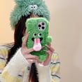 thumbnail image 6 of Green Plush Phone Case for iPhone 15 Pro Cute Funny Tongue Warm Furry Cases, 3D Cartoon Fuzzy Winter Protective Cover for Women Girls, 6 of 6