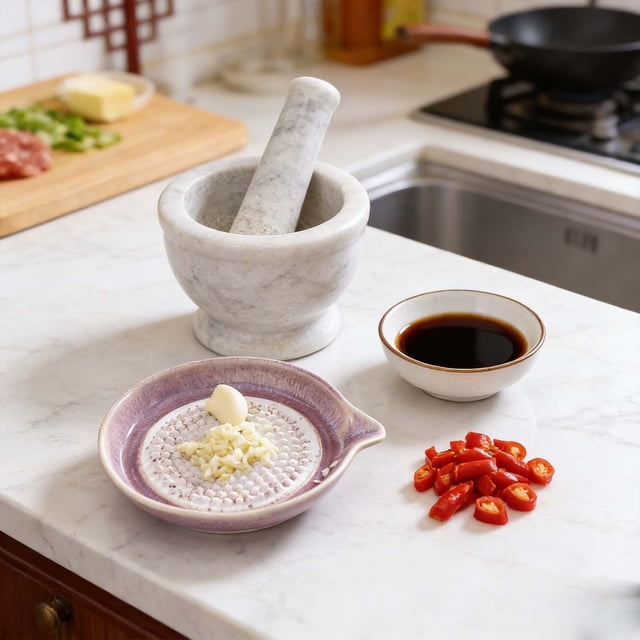Ceramic Garlic Grinder Bowl and Crusher Set for Home Kitchen Ginger and Vegetable Mincing
