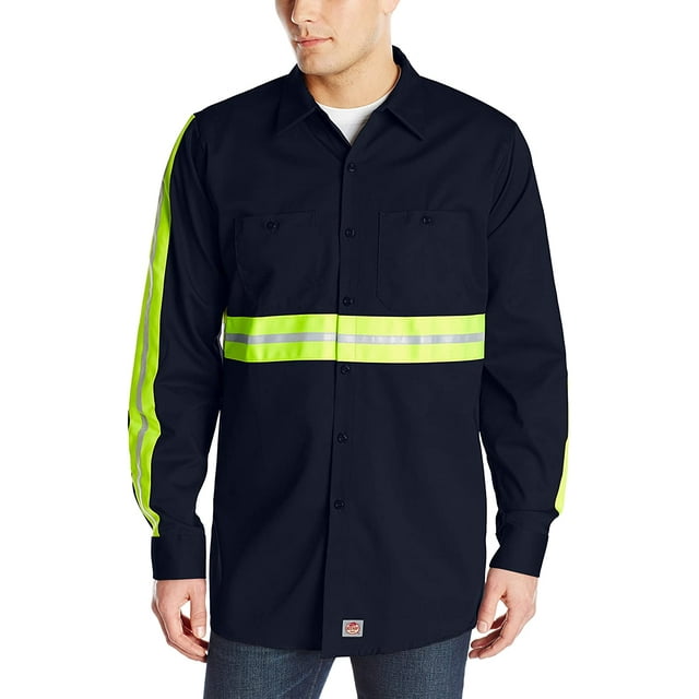Red Kap Men's Enhanced Visibility Cotton Work Shirt , Navy with Yellow/Green Visibility Trim, Small