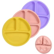 Cibeat 3 Pack Silicone Toddler Plates with Suction 100% Safe BPA-Free Round Silicone Grip Dishes-Yellow/Pink/Purple