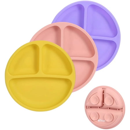 Cibeat 3 Pack Silicone Toddler Plates with Suction 100% Safe BPA-Free Round Silicone Grip Dishes-Yellow/Pink/Purple