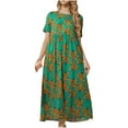 thumbnail image 2 of ZHUGeLI Dresses for Women Woman Flowers Printing Elastic Waist Round Neck Short Sleeve Dresses Swing Dress Flowy Tiered Midi Beach Dress with Pockets, 2 of 9