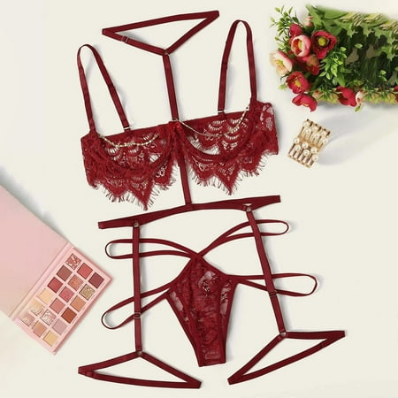 

Gyouwnll Sleepwear For Womens Pajamas For Women 3Pc Lingerie Lace Embroidery G-String Thong Temptation Underwear Sleepwear