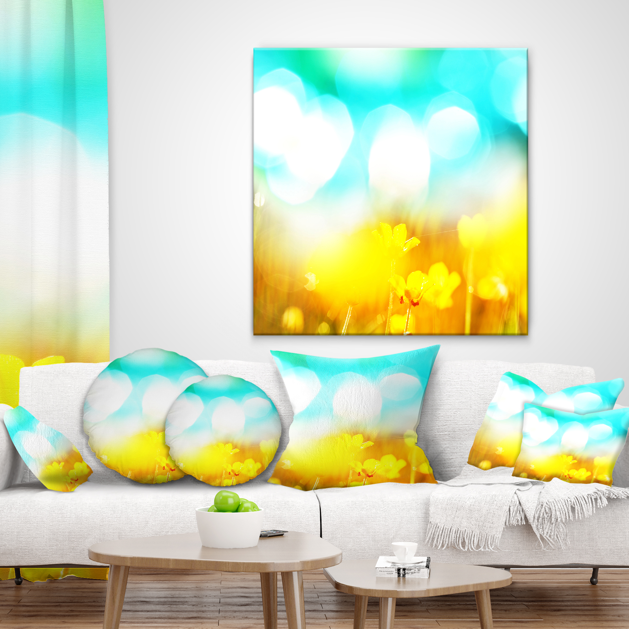Designart Yellow Flowers on Blue Background - Flower Throw Pillow - 16x16