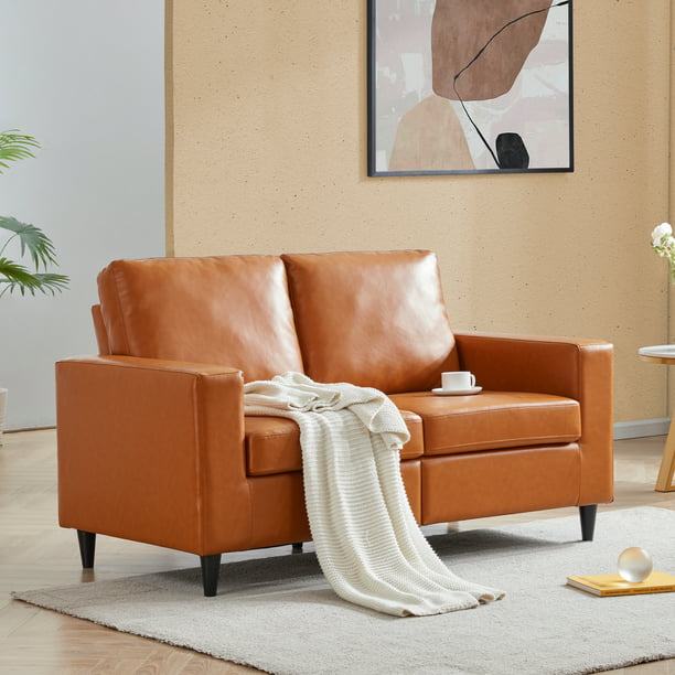 Modern Tufted Leather Apartment Sofa, Small Leather Loveseat