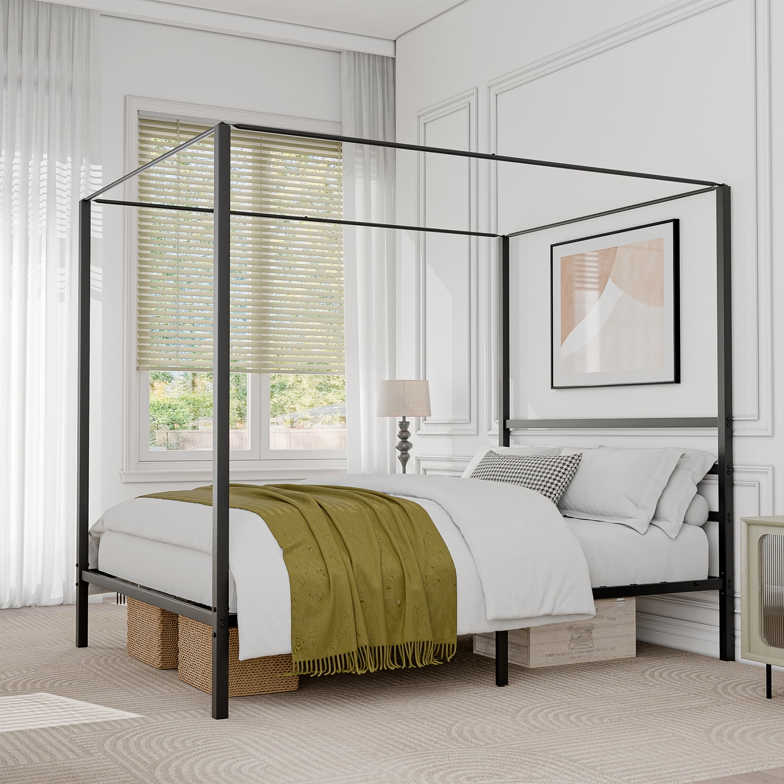 LINJH Queen Size Metal Canopy Bed Frame Black Headboard & Footboard for Bedroom Black