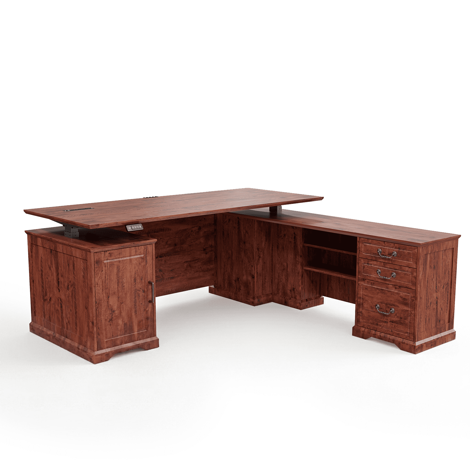 71" L-Shaped Executive Standing Desk, Retro Brown Sit Stand Desk with Drawers, AC/USB Outlets, Storage Cabinet & Privacy Panel for Office & Home