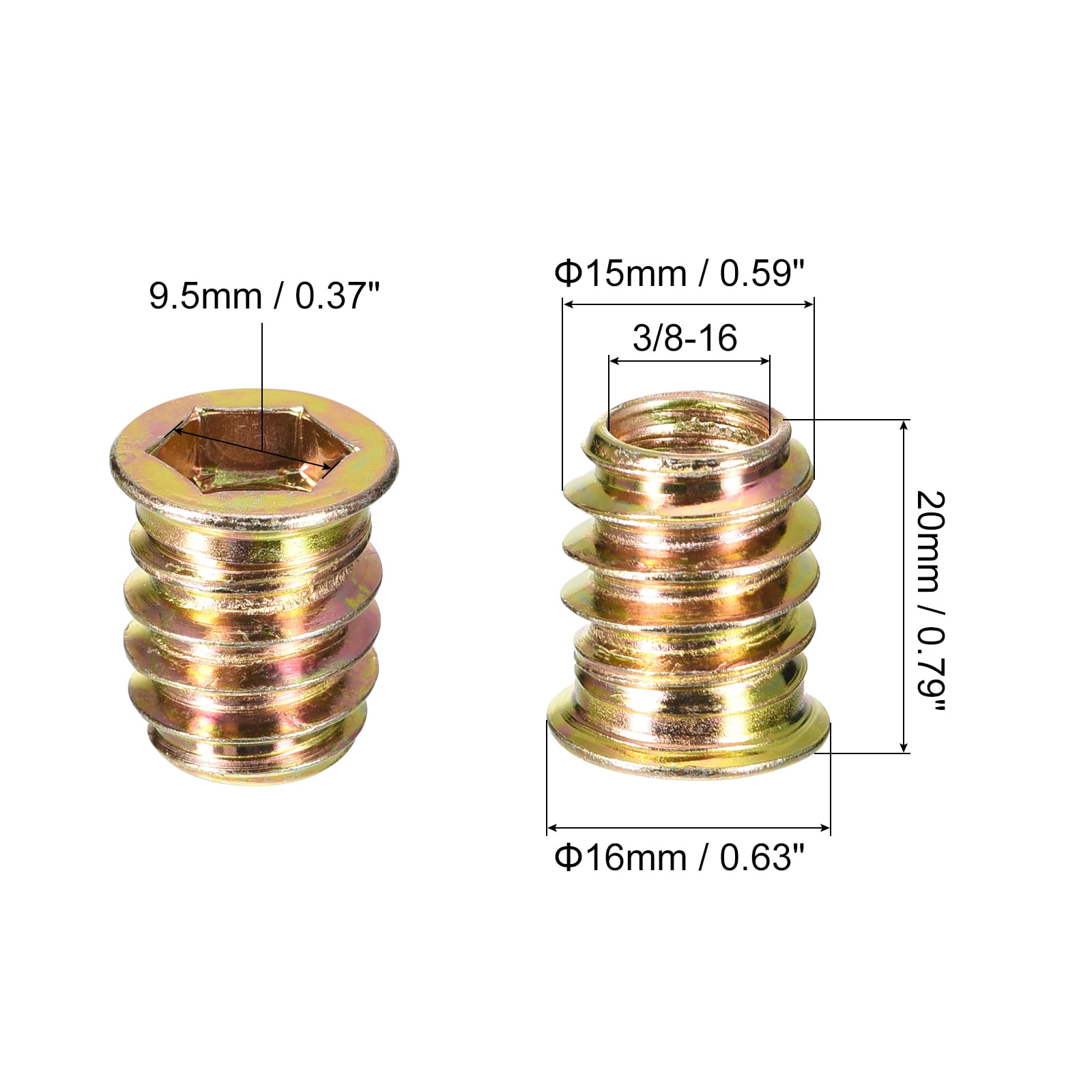 3/8-16 x 20mm Threaded Inserts Nuts, 100 Pack Wood Insert Nuts with Hex Wrench