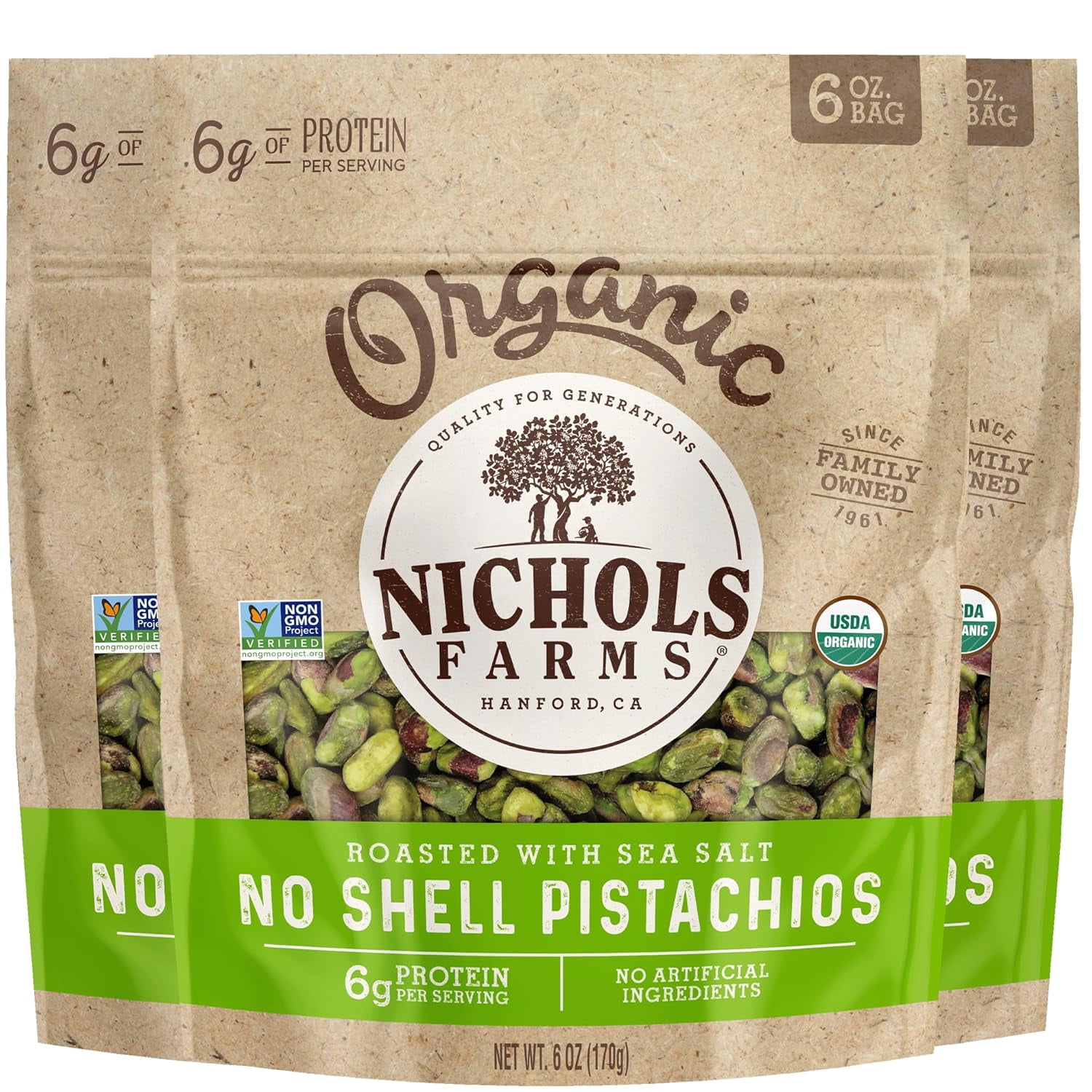 Nichols Farms - Pistachio Organic Grade 2 No Shell Roasted Salted - Case Of 15-6 Ounces