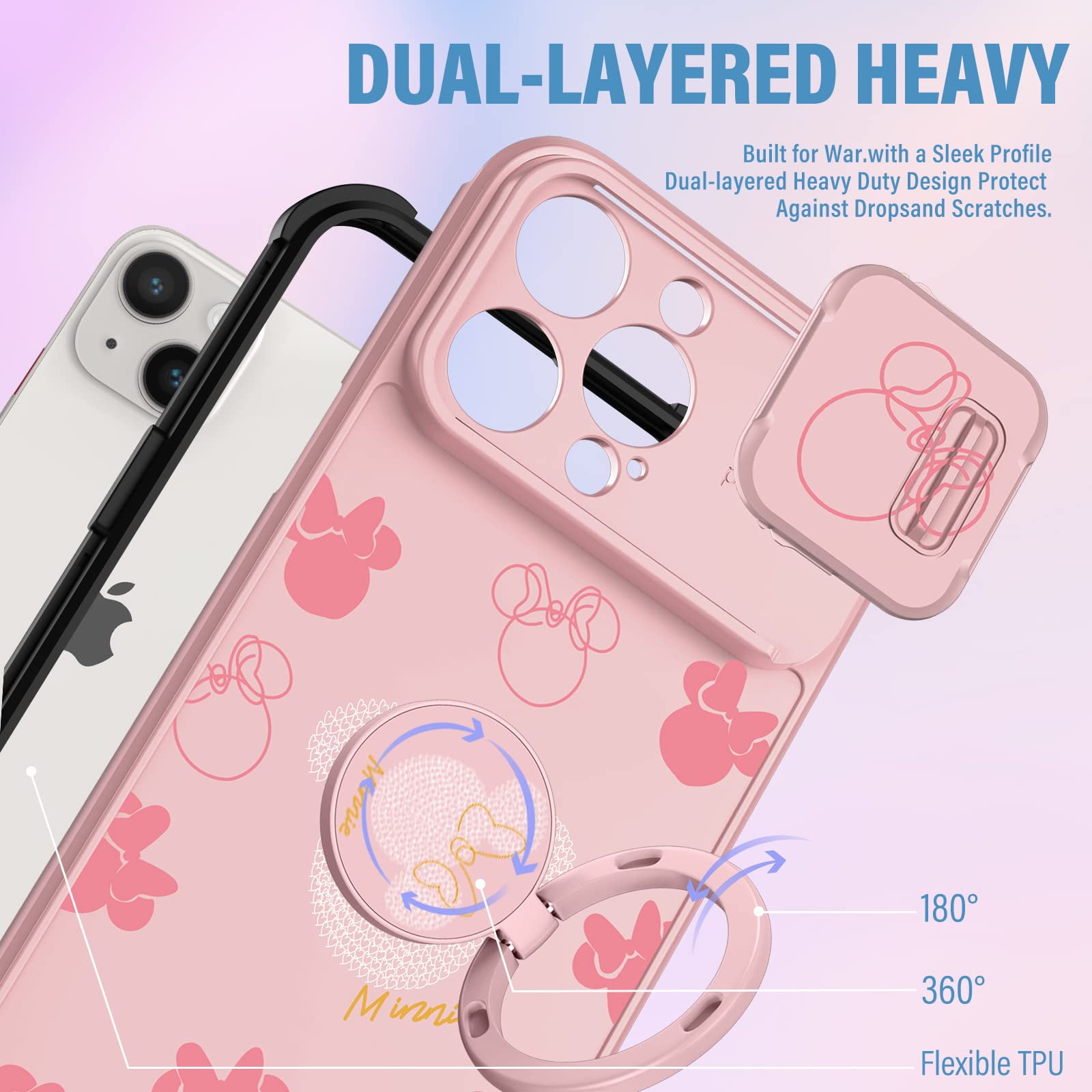 2in1 for iPhone 14 Pro Max Case for Women Girls Heart Cute Kawaii Pattern  Phone Cover Teens Girly Cool Unique Design with Slide Camera Cover+Ring  Holder Black Cases for 14 ProMax 6.7