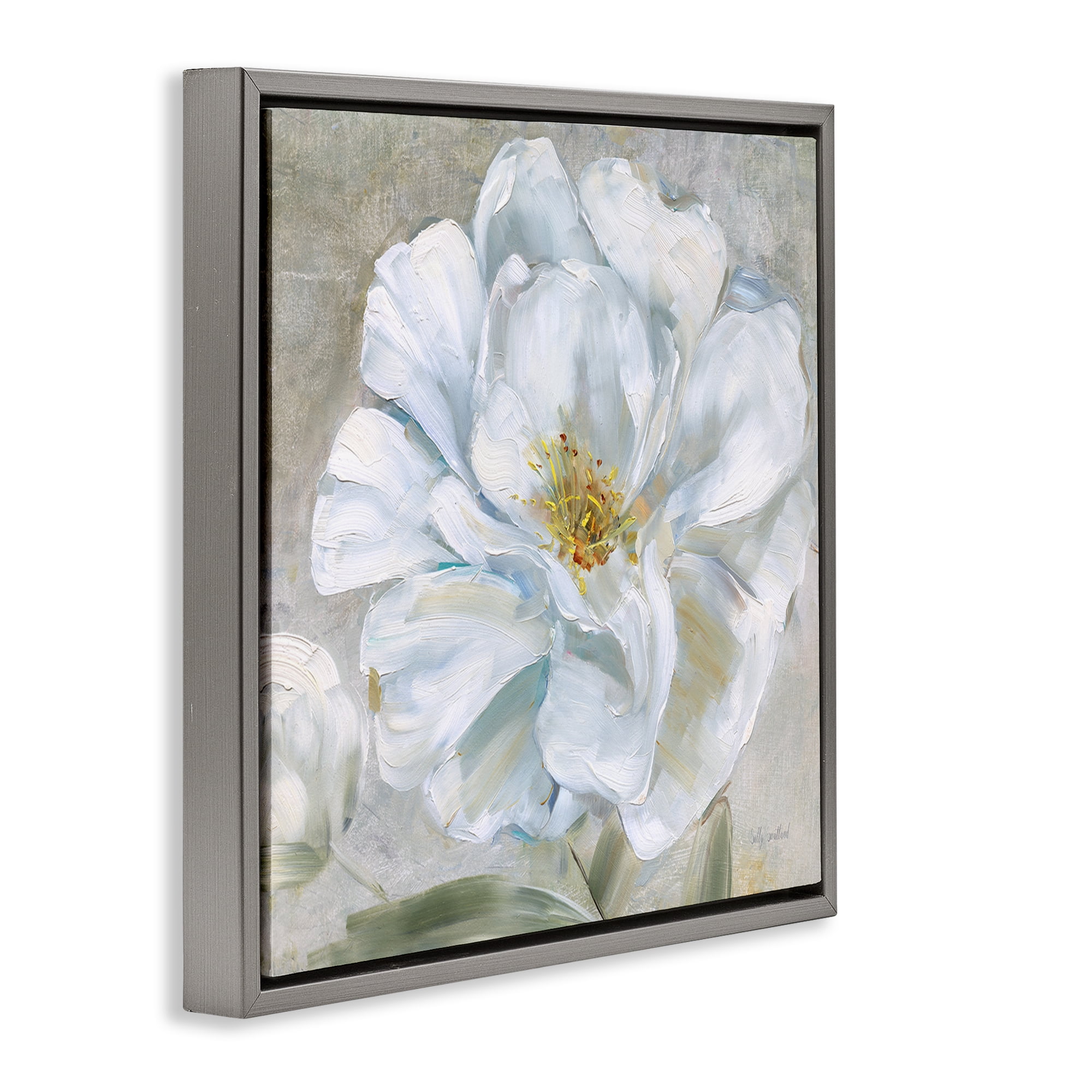 Stupell Industries Close Up White Bloom Plants & Flowers Painting Gray Floater Framed Canvas Art Print Wall Art, 18 x 18