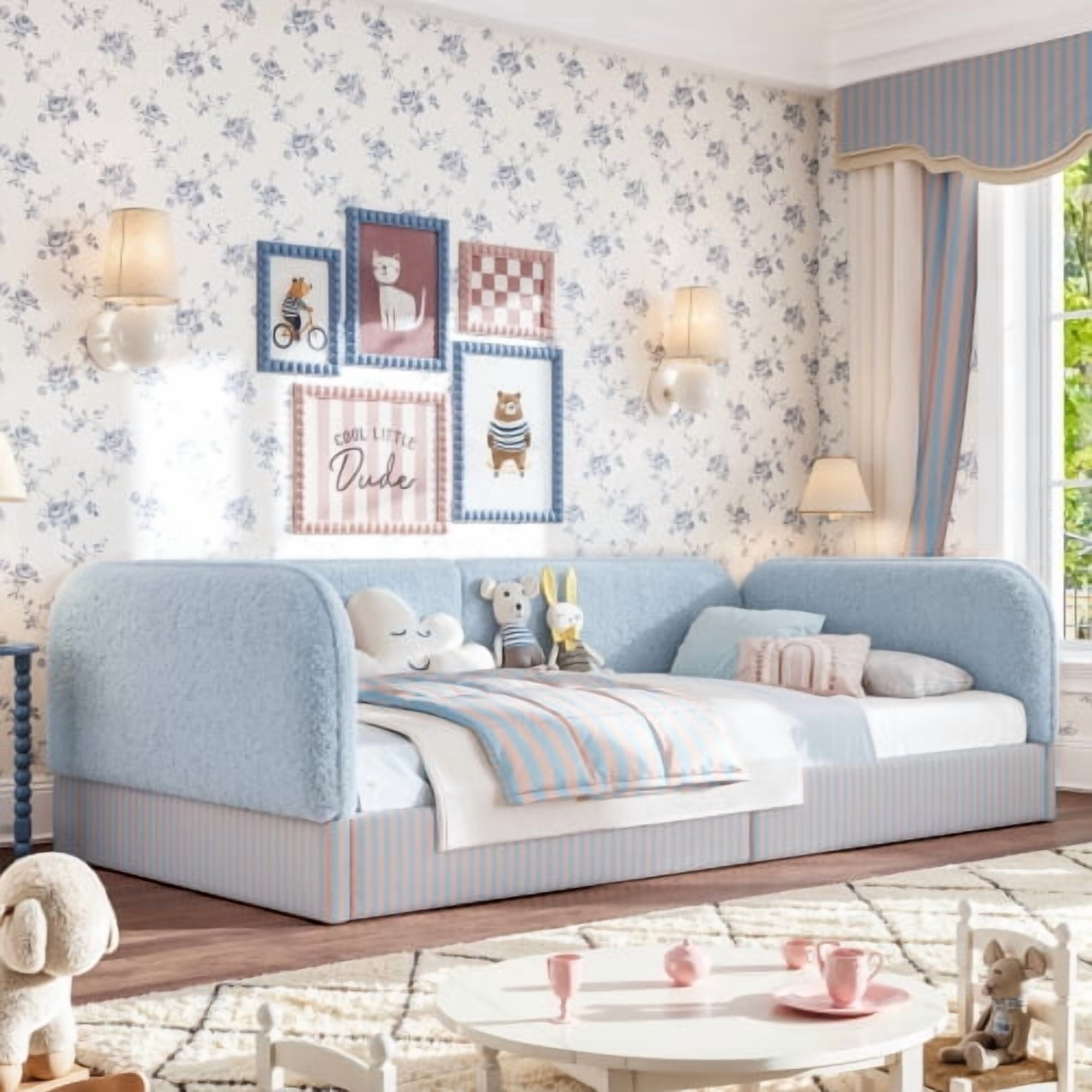 Twin Size Upholstered Teddy Fleece Floor Bed Frame, Half-Enclosed Montessori Low Profile Platform Bed with Full-Perimeter Guardrails for Kids, Blue