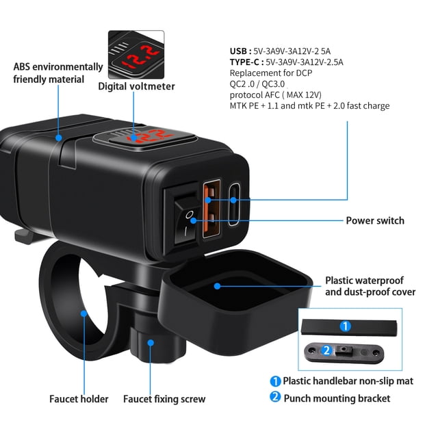 Motorcycle USB C , Dual Fast Charging, SAE Interface Quick Installation, 30W PD 18W QC 3.0 Ports, with Voltmeter ON Off Switch for Phone Tablet