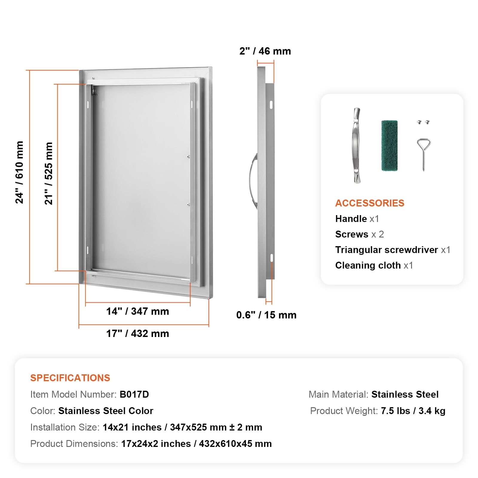 KFFKFF Barbecue Access Door, 17W x 24H Inch Solo Outdoor Kitchen Entry, Stainless Steel Recessed Door, Wall Upright Door with Grip, for Barbecue Island, Grill Station, External Cupboard