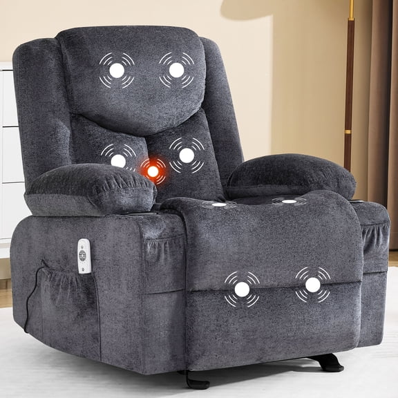JONPONY Manual Recliner Chair with Heat Therapy and Massage Function, Heavy Duty Reclining Mechanism Massage Chair, Elderly Single Rocker Sofa with Cup Holders for Bedroom Home Theater,Grey